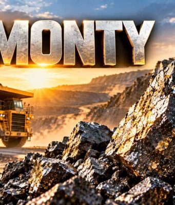 Almonty-Aktie: Vier Kurstreiber für den Turnaround? Sunset mining site with a large dump truck and excavator amid rocky piles; 'ALMONTY' text overlay.