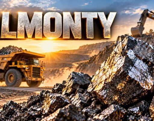 Almonty-Aktie: Vier Kurstreiber für den Turnaround? Sunset mining site with a large dump truck and excavator amid rocky piles; 'ALMONTY' text overlay.