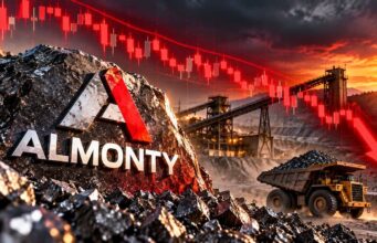 Almonty-Aktie: Zweiter -31%-Absturz nach Plan Almonty logo on a rocky mining site with a large dump truck under a red downward-trending stock chart at sunset.