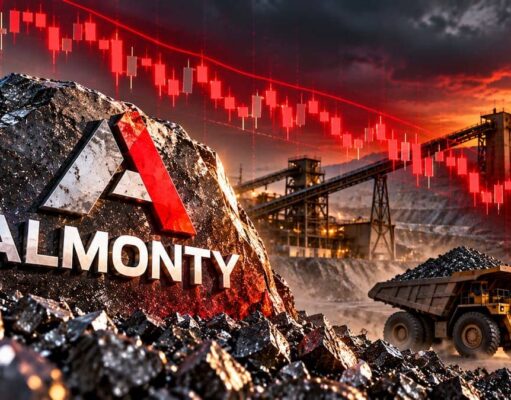 Almonty-Aktie: Zweiter -31%-Absturz nach Plan Almonty logo on a rocky mining site with a large dump truck under a red downward-trending stock chart at sunset.