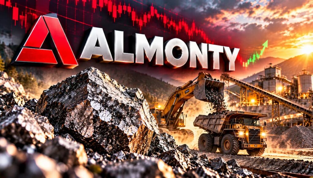 Almonty logo over a quarry with a loader dumping rocks at sunset