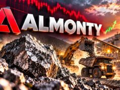 Almonty-Aktie erreicht Zielbereich: Jetzt ein Kauf? Almonty logo over a quarry with a loader dumping rocks at sunset