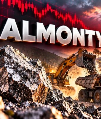Almonty-Aktie erreicht Zielbereich: Jetzt ein Kauf? Almonty logo over a quarry with a loader dumping rocks at sunset