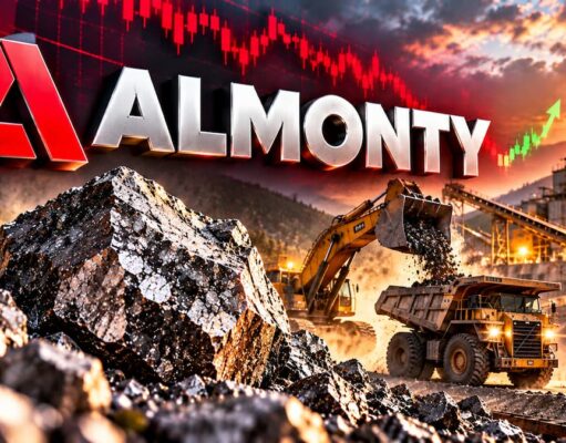 Almonty-Aktie erreicht Zielbereich: Jetzt ein Kauf? Almonty logo over a quarry with a loader dumping rocks at sunset