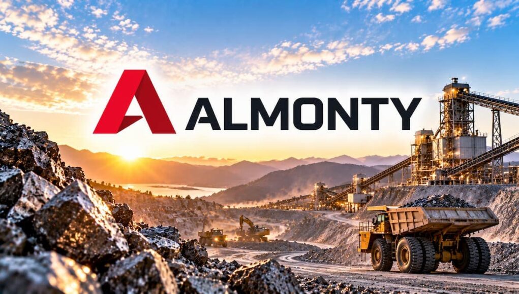 Almonty logo over a rock mining site with dump trucks and conveyor belts at sunrise/sunset.