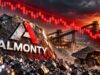 Almonty-Aktie mit -59% – nächstes Ziel 9,56 US$? Mining site featuring a rock with the Almonty logo, a dump truck, and a red downward stock arrow in the sky.