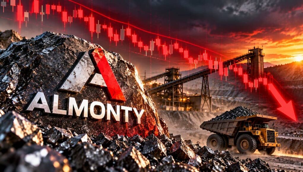 Almonty-Aktie-mit-59-–-naechstes-Ziel-956-US.jpeg Mining site featuring a rock with the Almonty logo, a dump truck, and a red downward stock arrow in the sky.