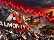 Almonty-Aktie mit -59% – nächstes Ziel 9,56 US$? Mining site featuring a rock with the Almonty logo, a dump truck, and a red downward stock arrow in the sky.