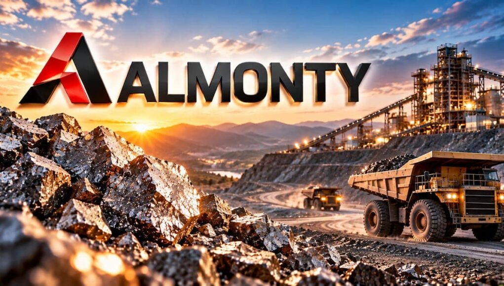 Almonty logo over a rocky open-pit mine with large dump trucks and an industrial plant at sunset