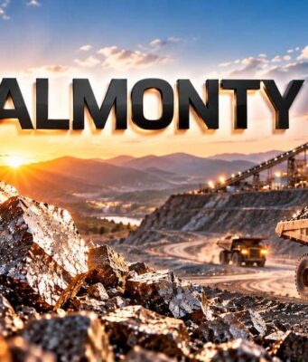 Almonty-Aktie mit -65% – steht die Trendwende jetzt an? Almonty logo over a rocky open-pit mine with large dump trucks and an industrial plant at sunset