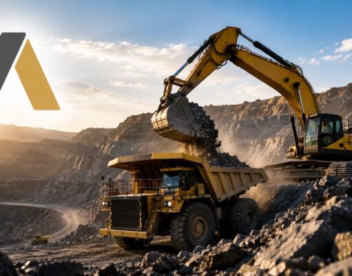 Almonty-Aktie nach -31%: Weitere -31% voraus? Yellow hydraulic excavator loads rocks into a large dump truck at a quarry at sunset
