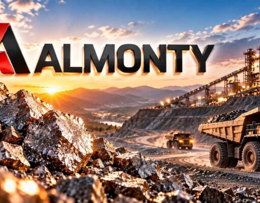 Almonty-Aktie nach Kursrutsch – diese News machen Hoffnung Almonty logo above a mining site with large rocks, heavy dump trucks, and an industrial plant at sunset.