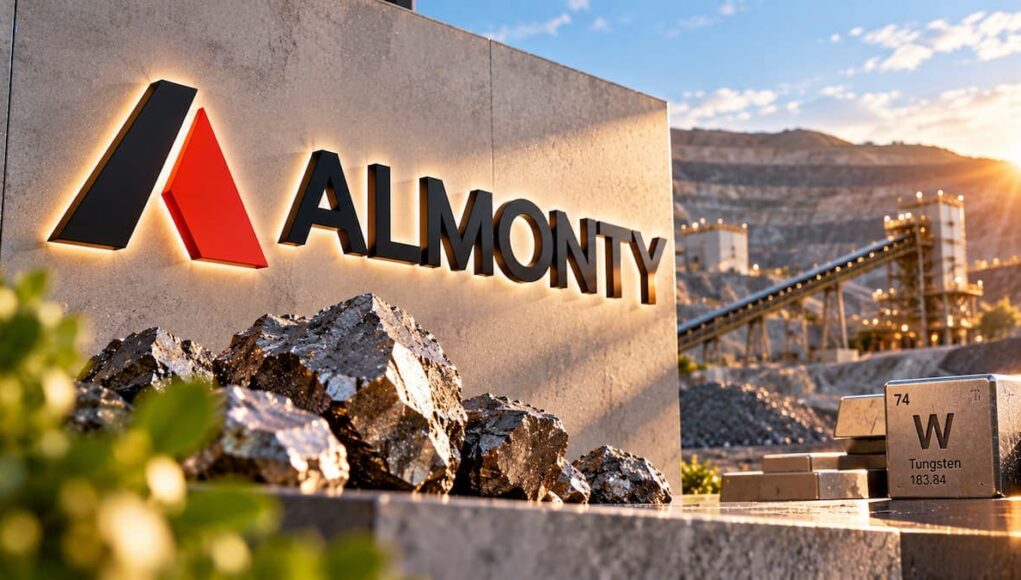 Almonty-Aktie-vor-dem-Comeback-–-schlagen-Kaeufer-jetzt-zu.jpeg Almonty company sign on a stone wall beside a mining site with rocks and a tungsten block marked W 183.84 in the foreground at sunset.