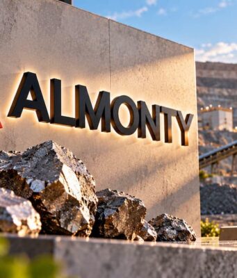 Almonty-Aktie vor dem Comeback – schlagen Käufer jetzt zu? Almonty company sign on a stone wall beside a mining site with rocks and a tungsten block marked W 183.84 in the foreground at sunset.