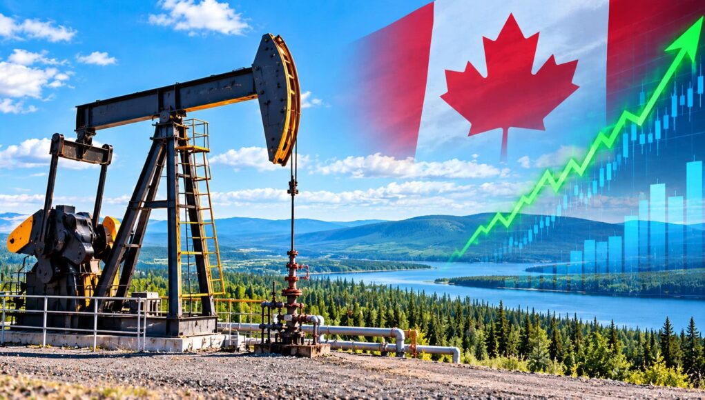 Oil pump jack with a Canadian flag and rising stock/price chart in the sky, suggesting growth in Canada’s energy sector