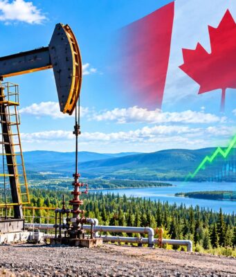 Bonterra Energy: Diese kleine Öl- und Gas-Aktie läuft jetzt heiß Oil pump jack with a Canadian flag and rising stock/price chart in the sky, suggesting growth in Canada’s energy sector