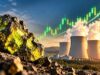 Cameco-Aktie stark gefallen – Anleger wittern neue Chancen Rugged rocks in the foreground with a power-plant cooling towers and rising green stock-chart line in the sky, signaling growing energy investment.