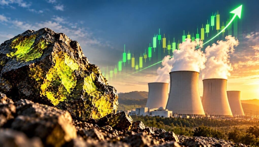 Rugged rocks in the foreground with a power-plant cooling towers and rising green stock-chart line in the sky, signaling growing energy investment.