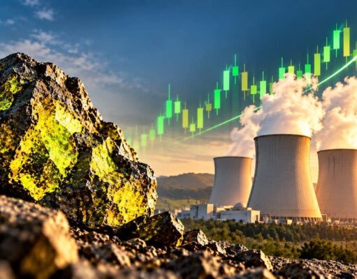 Cameco-Aktie stark gefallen – Anleger wittern neue Chancen Rugged rocks in the foreground with a power-plant cooling towers and rising green stock-chart line in the sky, signaling growing energy investment.