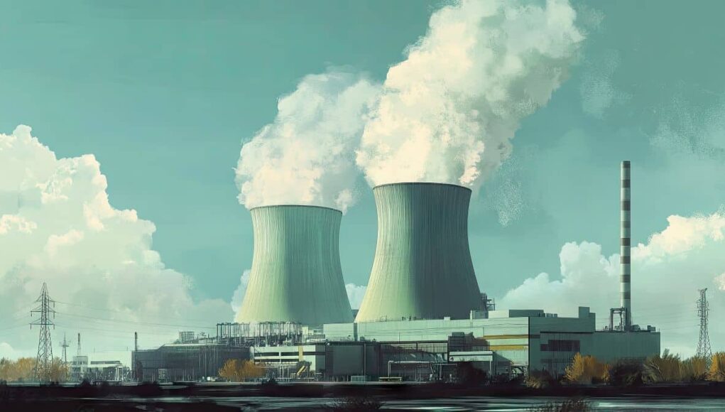 Industrial power plant with two cooling towers emitting steam and a tall striped smokestack under a cloudy sky.