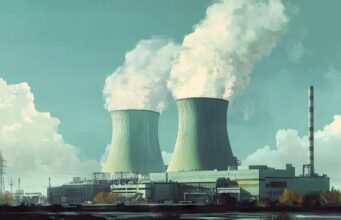 Constellation Energy-Aktie +12%: Plötzlich auch ein großer KI-Gewinner? Industrial power plant with two cooling towers emitting steam and a tall striped smokestack under a cloudy sky.