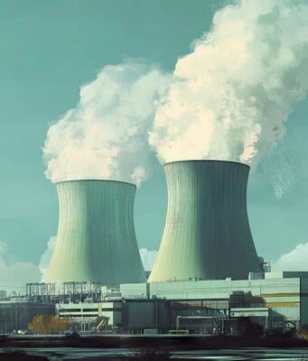 Constellation Energy-Aktie +12%: Plötzlich auch ein großer KI-Gewinner? Industrial power plant with two cooling towers emitting steam and a tall striped smokestack under a cloudy sky.