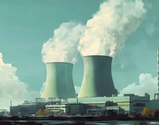 Constellation Energy-Aktie +12%: Plötzlich auch ein großer KI-Gewinner? Industrial power plant with two cooling towers emitting steam and a tall striped smokestack under a cloudy sky.
