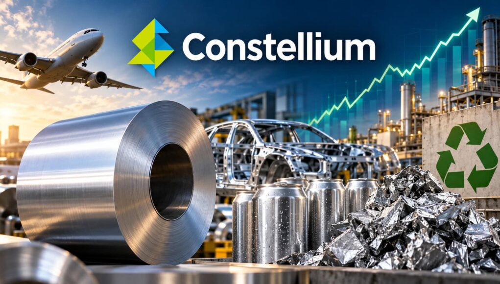 Constellium branding over an industrial aluminum recycling scene: large metal coil, skeletal car frame, stacked cans, and a recycling symbol in the foreground and factory backdrop.