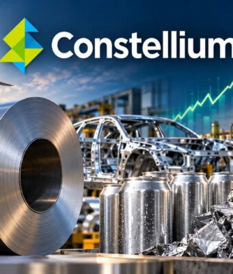 Constellium: Diese Aluminium-Aktie ist jetzt ein Top-Pick Constellium branding over an industrial aluminum recycling scene: large metal coil, skeletal car frame, stacked cans, and a recycling symbol in the foreground and factory backdrop.