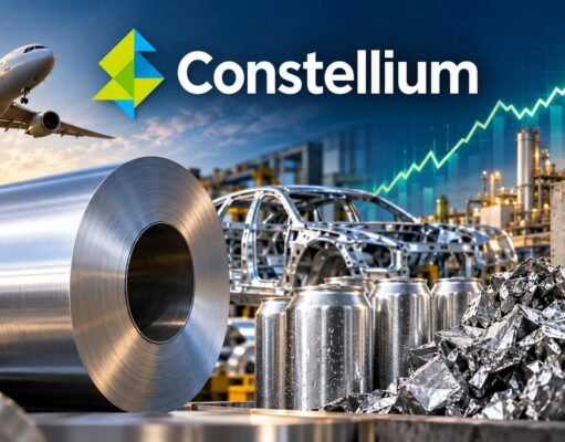 Constellium: Diese Aluminium-Aktie ist jetzt ein Top-Pick Constellium branding over an industrial aluminum recycling scene: large metal coil, skeletal car frame, stacked cans, and a recycling symbol in the foreground and factory backdrop.