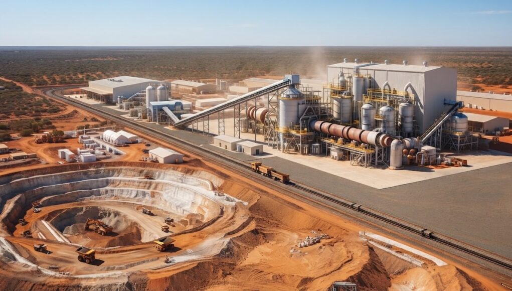 Open-pit mining and processing plant in a desert landscape with conveyors, silos, and heavy machinery nearby rail tracks.
