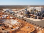 Lynas Rare Earths-Aktie -7%: Warum die miese Laune? Open-pit mining and processing plant in a desert landscape with conveyors, silos, and heavy machinery nearby rail tracks.