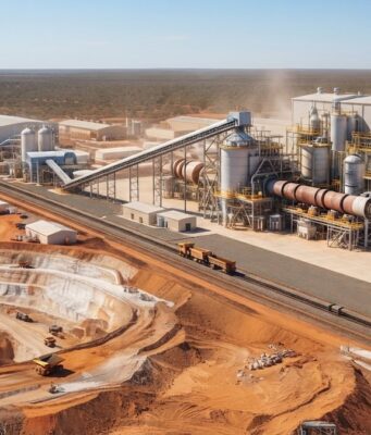 Lynas Rare Earths-Aktie -7%: Warum die miese Laune? Open-pit mining and processing plant in a desert landscape with conveyors, silos, and heavy machinery nearby rail tracks.