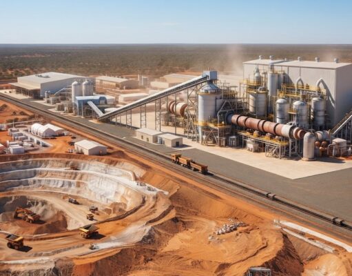 Lynas Rare Earths-Aktie -7%: Warum die miese Laune? Open-pit mining and processing plant in a desert landscape with conveyors, silos, and heavy machinery nearby rail tracks.