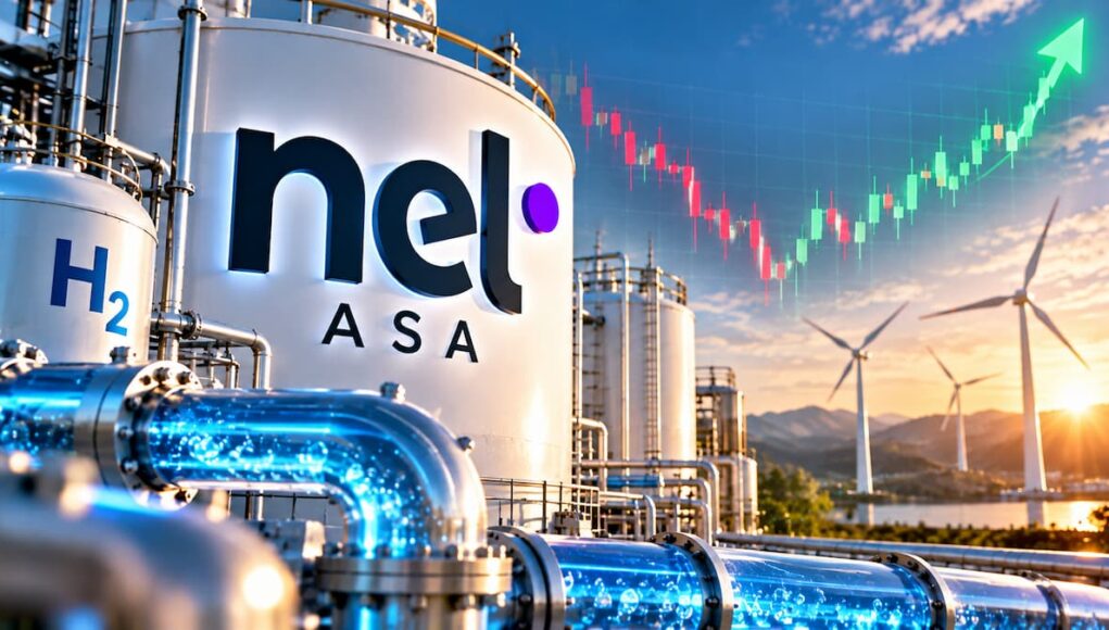 Nel ASA hydrogen production plant with H2 tanks and blue piping; wind turbines in the distance and an upward stock chart overlay.