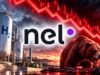 Nel ASA Aktie nach -94% – Wie tief geht es noch? Nel logo overlaying an industrial hydrogen plant with large H2 tanks, a snarling bear, and a red downward stock chart in the background.