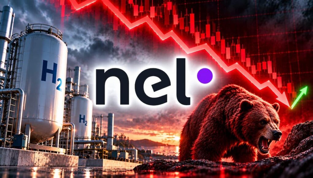 Nel logo overlaying an industrial hydrogen plant with large H2 tanks, a snarling bear, and a red downward stock chart in the background.