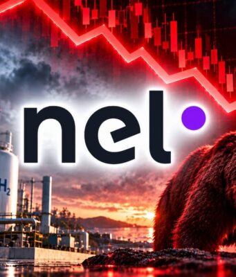 Nel ASA Aktie nach -94% – Wie tief geht es noch? Nel logo overlaying an industrial hydrogen plant with large H2 tanks, a snarling bear, and a red downward stock chart in the background.