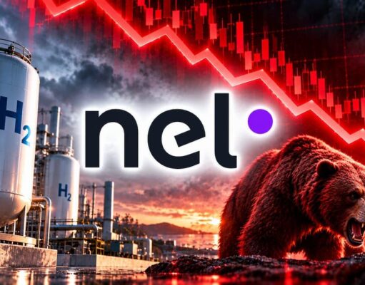 Nel ASA Aktie nach -94% – Wie tief geht es noch? Nel logo overlaying an industrial hydrogen plant with large H2 tanks, a snarling bear, and a red downward stock chart in the background.