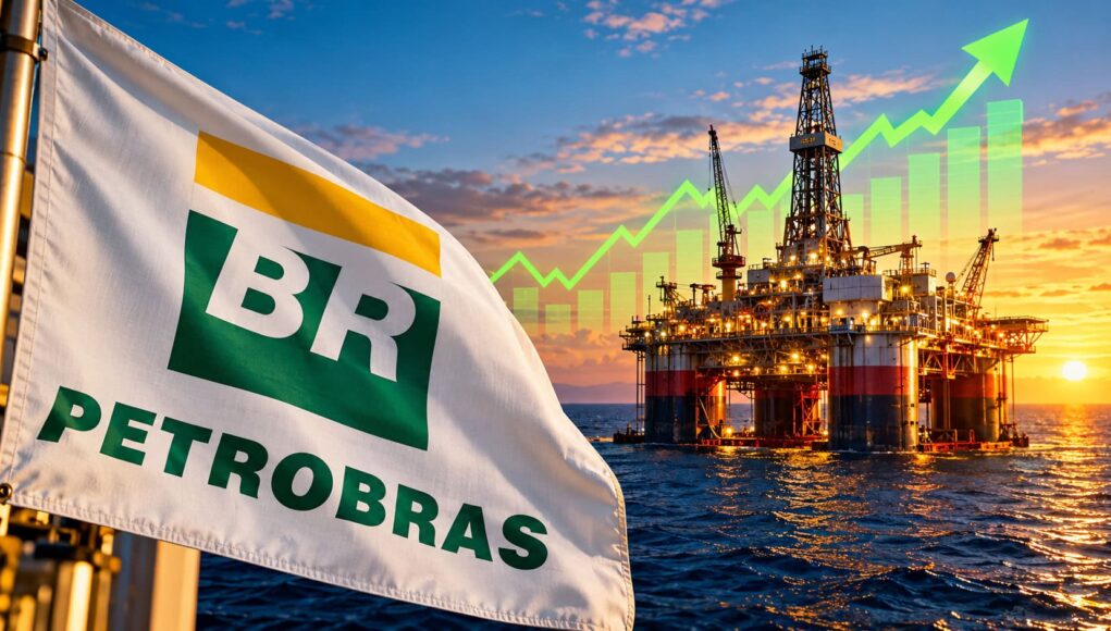 Petrobras-Aktie-116-nach-Kaufttipp-–-plus-Mega-Dividende.jpeg Petrobras flag beside an offshore oil platform at sunset with a bright green growth chart overlay.