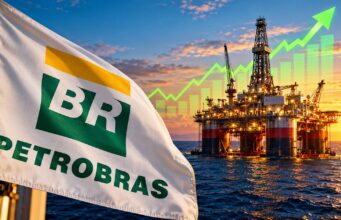 Petrobras-Aktie: +116% nach Kaufttipp – plus Mega-Dividende! Petrobras flag beside an offshore oil platform at sunset with a bright green growth chart overlay.