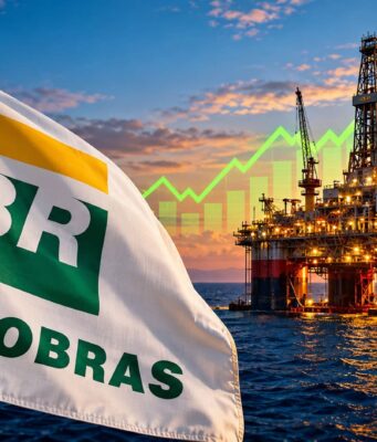 Petrobras-Aktie: +116% nach Kaufttipp – plus Mega-Dividende! Petrobras flag beside an offshore oil platform at sunset with a bright green growth chart overlay.
