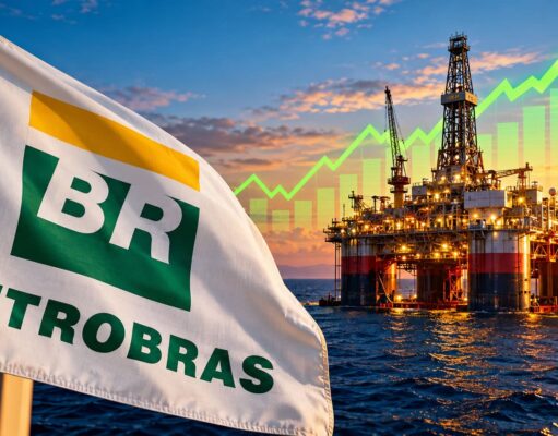 Petrobras-Aktie: +116% nach Kaufttipp – plus Mega-Dividende! Petrobras flag beside an offshore oil platform at sunset with a bright green growth chart overlay.