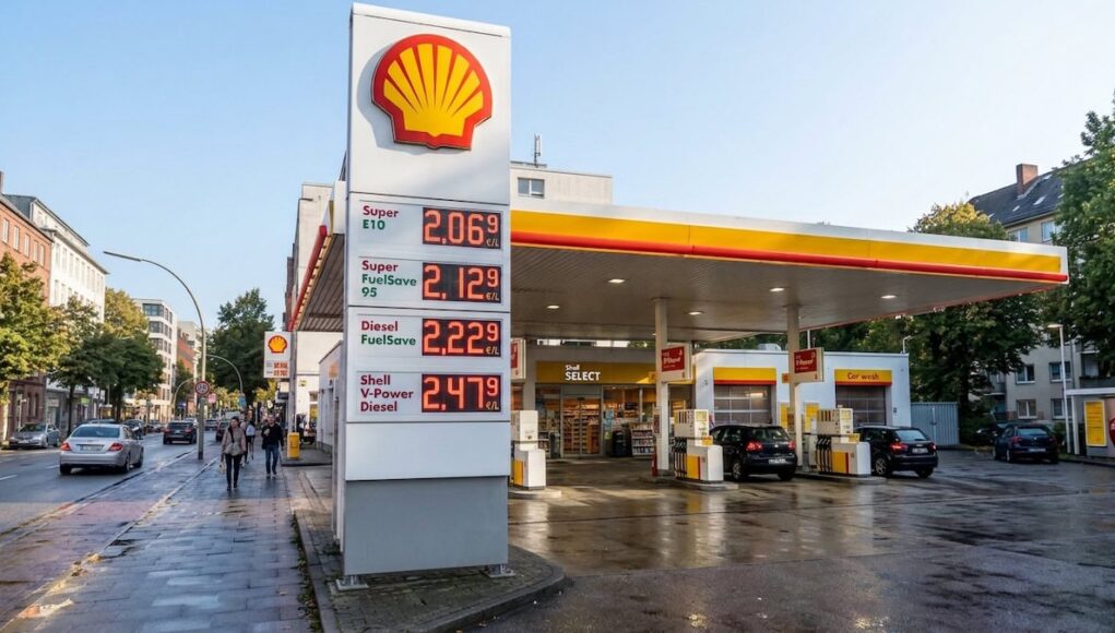 Shell gas station on a city street with a tall price board showing €2.06/L, €2.12/L, €2.22/L, and €2.47/L as of today, and wet pavement reflecting lights.