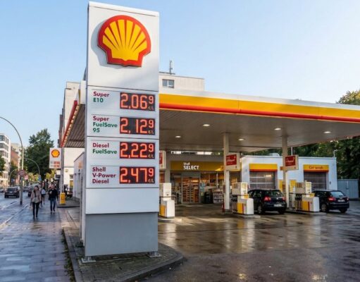 Shell-Aktie: Noch kaufen oder jetzt rausgehen? Shell gas station on a city street with a tall price board showing €2.06/L, €2.12/L, €2.22/L, and €2.47/L as of today, and wet pavement reflecting lights.