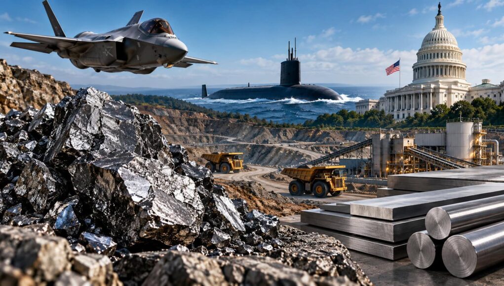 The-Elmet-Group-Diese-Aktie-hat-den-Schluesselrohstoff-zum-Vervielfacher.jpeg Fighter jet over a rocky quarry as a submarine surfaces in the bay, with stacked steel beams nearby and the U.S. Capitol in the background.