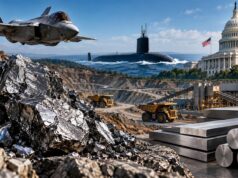 The Elmet Group: Diese Aktie hat den Schlüsselrohstoff zum Vervielfacher Fighter jet over a rocky quarry as a submarine surfaces in the bay, with stacked steel beams nearby and the U.S. Capitol in the background.