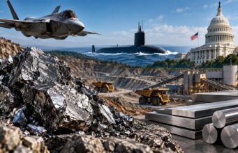 The Elmet Group: Diese Aktie hat den Schlüsselrohstoff zum Vervielfacher Fighter jet over a rocky quarry as a submarine surfaces in the bay, with stacked steel beams nearby and the U.S. Capitol in the background.