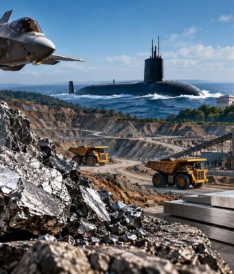 The Elmet Group: Diese Aktie hat den Schlüsselrohstoff zum Vervielfacher Fighter jet over a rocky quarry as a submarine surfaces in the bay, with stacked steel beams nearby and the U.S. Capitol in the background.