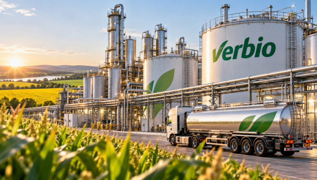 Biorefinery complex with tall silver towers and large tanks marked Verbio, beside a farm field at sunset with a loading truck nearby